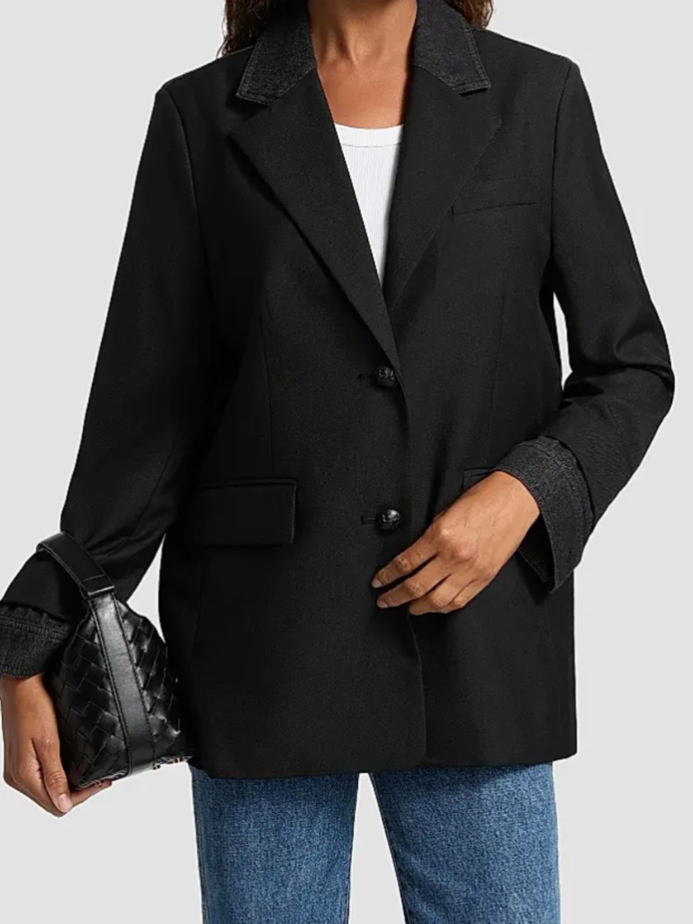 Koby Halperin Sylvia Contrast Trim Blazer Black Denim & Wool XS Classic Style
